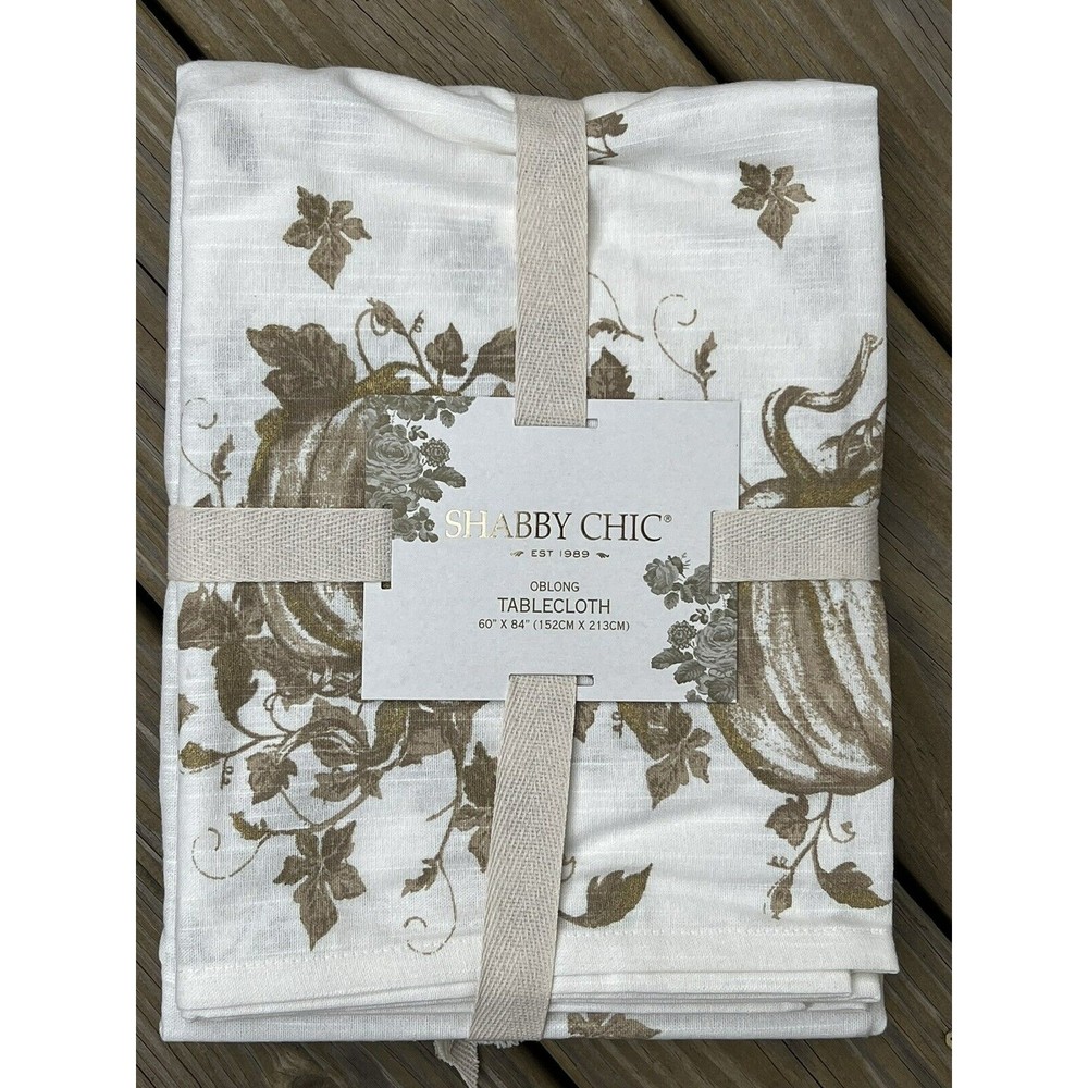 SHABBY CHIC Tablecloth Beige Gold Neutral PUMPKINS/ HOLIDAY Fall Decor 60x84 New